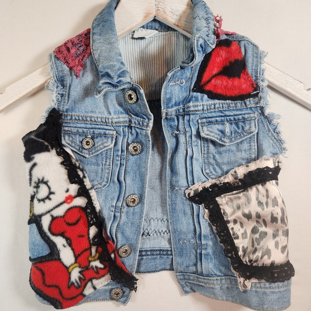 GAP Kids Custom DIY Punk Denim Vest Betty Boop Skull Lace Patches Blue 2-3